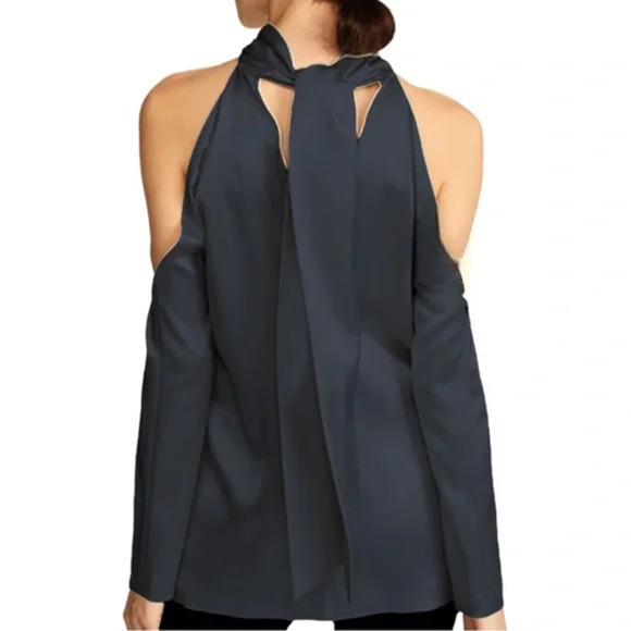 Galvan London Tunic Top Satin Long Sleeve Cold Shoulder Tie Back Black Size 2 - Picture 3 of 15